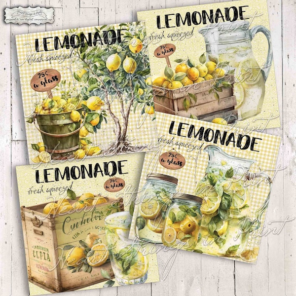 Lemonade-Fresh Squeezed Printable, Coaster Design, 4x4 Image Collage Sheet, Ephemera, Primitive, Instant Digital Download, JPG File #2078