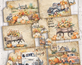 May include: A collection of vintage-style autumn-themed digital papers and tags. The designs feature watercolor illustrations of pumpkins, sunflowers, antique trucks, and farm scenes. Some tags include the phrases "I ❤️ Autumn Days" and "Falling Leaves".