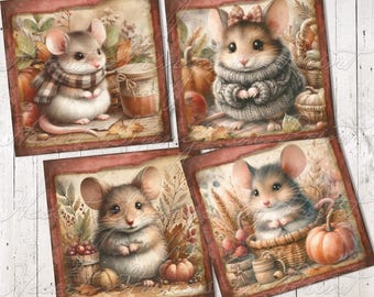 Autumn Mouse Printable, Collage, Primitive, Digital Download 2367