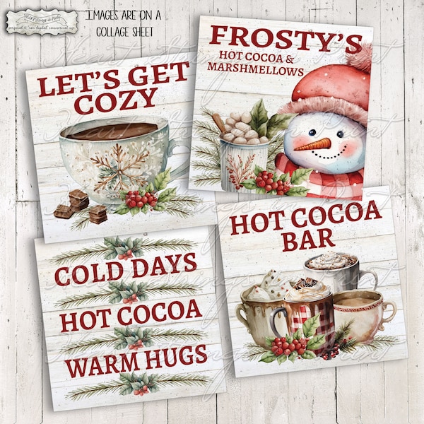 Hot Cocoa Printable, Christmas Mini Prints, Coaster Designs, Ephemera, 4x4 Collage, Rustic Country, Instant Download, JPG #2238