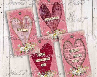 Grungy Hearts Printable Tags, Valentine Gift Tags, 2x3.5 inch, Collage Sheet, Instant Digital Download #1705