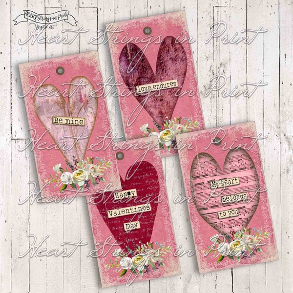 Grungy Hearts Printable Tags, Valentine Gift Tags, 2x3.5 inch, Collage Sheet, Instant Digital Download #1705