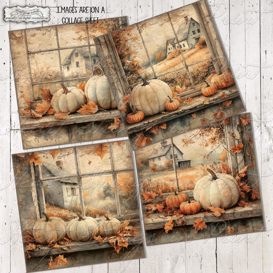Autumn Window White Pumpkins Printable, 4x4, Collage, Primitive