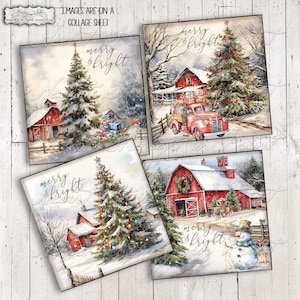 Merry And Bright Printable, Christmas Mini Prints, Coaster Designs, Ephemera, 4x4 Collage, Rustic Country, Instant Download, JPG File #2156