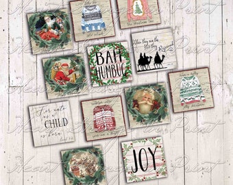 Christmas 2x2 Image Digital Collage Sheet, Primitive, Printable, Instant Download, JPG File, #3 Design Group #1473