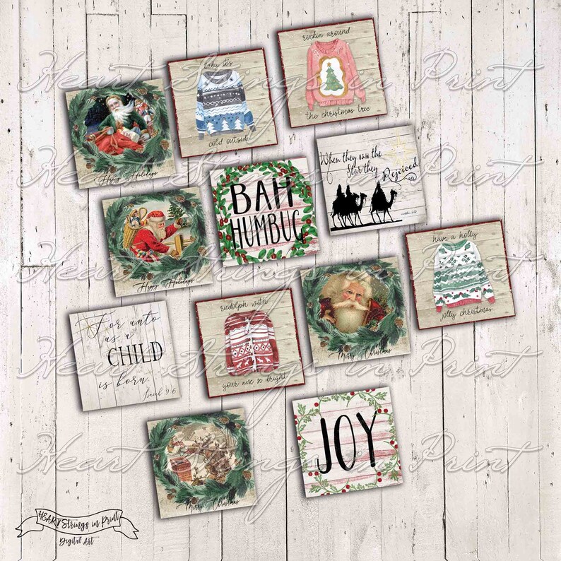 Christmas 2x2 Image Digital Collage Sheet, Primitive, Printable, Instant Download, JPG File, 3 Design Group 1473 image 1