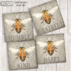 Bee Inspiration Printable, Honey Bees, Coaster Designs, Collage Sheet, Ephemera, Primitive, Instant Digital Download, JPG File #2276