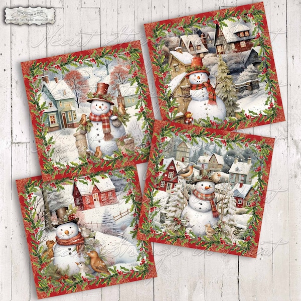 Countryside Snowmen Printable, Christmas Mini Prints, Coaster Designs, Ephemera, 4x4 Collage, Festive, Instant Download, JPG File #2167