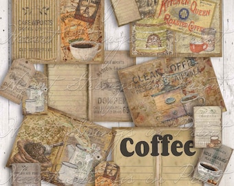 Coffee First Junk Journal-paket, scrapbooking, matchande efemera, primitivt, digital nedladdning #1808