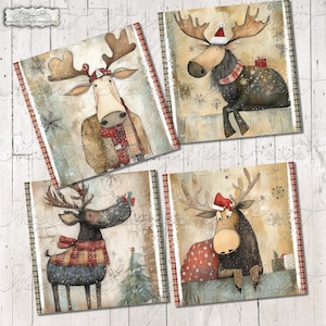 May include: Four square Christmas art prints with moose illustrations. Each moose wears a festive hat and scarf, with gifts and snowflakes. The prints have a rustic, vintage aesthetic with a plaid border, evoking a cosy holiday feel.