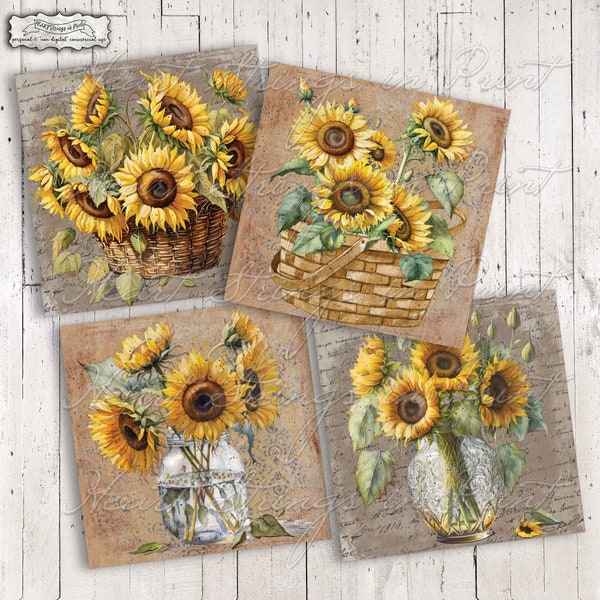 Sunflower Wishes Printable, Coaster Designs, 4x4 Collage Sheet, Ephemera, Summer Floral, Instant Digital Download, JPG File #2098