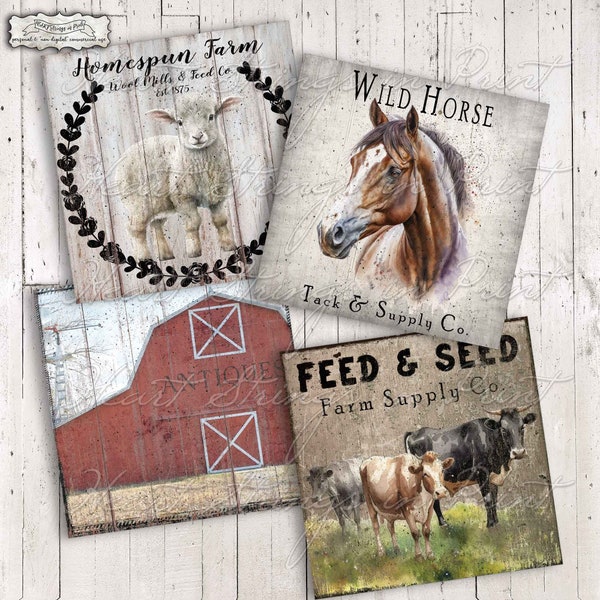 Prim-Farm Printable, Coaster Designs, 4x4 Image Collage Sheet, Ephemera, Primitive, Instant Digital Download, JPG File #2091