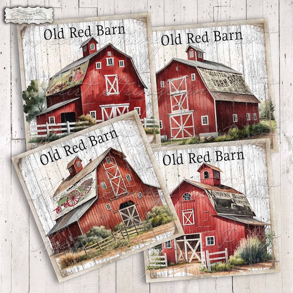 Old Red Barn Printable, Coaster Designs, 4x4 Image Collage Sheet, Ephemera, Primitive, Instant Digital Download, JPG File #2089