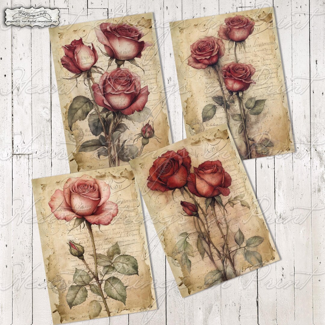 Vintage Red Roses Printable, 5x7, Collage, Prim Floral, Digital ...