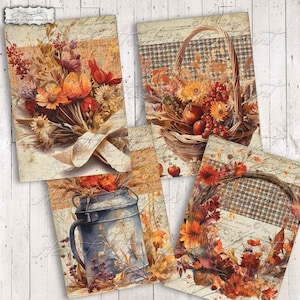 Autumn Rustic Floral, Printable, 5x7 Image Collage Sheet, Ephemera, Primitive, Instant Digital Download, JPG File #2164