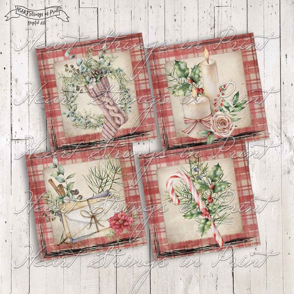 Romantic Christmas Pine 4x4 Image Collage Sheet, Primitive, Winter Printable, Instant Digital Download, JPG File #1634