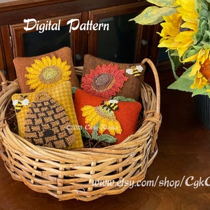 Autumn Punch Needle Pattern Sunflowers and Bees on Wool PDF Epattern