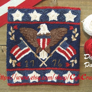 May include: A digital pattern for a needlepoint rug featuring an American bald eagle with crossed flags, stars, and the dates 1776 and 17. The rug is in red, white, and blue colors. Digital Pattern.