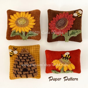 Autumn Punch Needle Pattern on Wool Sunflowers and Bees Paper Mailed Pattern