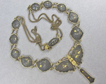 Vintage Pendant Necklace Japanese Damascene Necklace Butterfly Necklace Vintage Jewelry