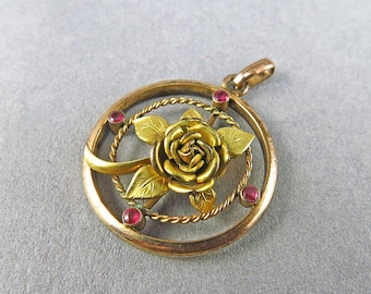 Vintage Pendant Gold Filled Pendant With Red Glass Rose Pendant Gift For Her Vintage Jewelry