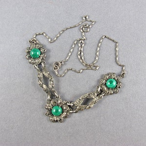 Vintage Sterling Necklace Green Malachite Necklace Macasite Necklace