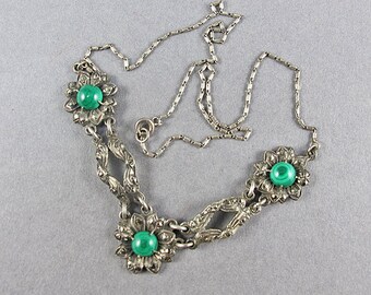 Vintage Sterling Necklace Green Malachite Necklace Macasite Necklace