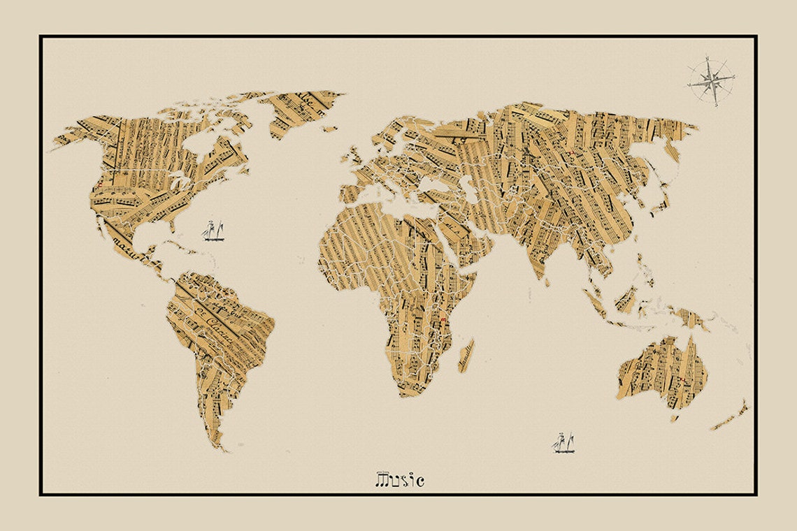 WORLD MAP Sheet Music Map World Map Map of the World World - Etsy