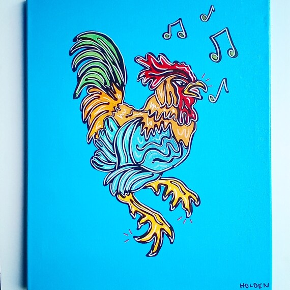 8x10 Singing Rooster Art Print Music Weird Colorful Chalk Etsy