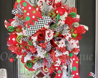 Candy Cane Ball Ornaments and 20 Led Lights for Themed Home Party D/écor Ribbon Bow ALLYORS Christmas Elf Door Wreath Decoration with Delightful Booty ELF Butt