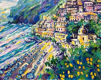 Positano Painting Amalfi Coast Original Art Italy Painting on canvas Cityscape Artwork 24x36 by DianaOriginalArt
