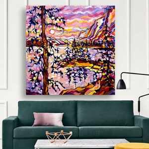 Rocky Mountains Oil Painting on canvas, Lake at sunset art, Landscape painting (24x24&#39;)