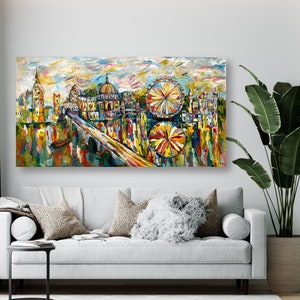 Original London Oil Painting: Colorful Cityscape Art, Large Canvas