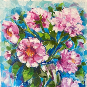 Peonies oil painting on canvas, Flowers original art, Pink peonies wall art, Original painting on canvas, 16x20&quot;,  Impressionist floral art