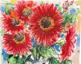 Gerbera painting, Flower painting, Original watercolor art, Small hand painted art, 9x12", Small floral watercolor painting, Gift for women