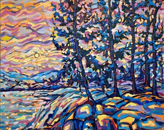 Paysage canadien Original peinture à l'huile sur toile 24 x 30' Art original impressionniste Coucher de soleil sur le lac peinture Cottage art mural