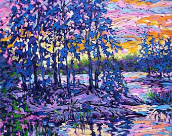 Lake landscape Original oil Painting on canvas 24x30 Impressionistic Canadian Landscape Sunset on Lake painting  Cottage wall art