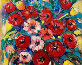 Poppies oil painting on canvas, Original floral art, Poppies wall art, 20x24', Big modern floral canvas, Original Art