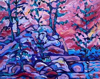 Sunset Lake Painting: Colorful Canadian Landscape Art, 14x14"