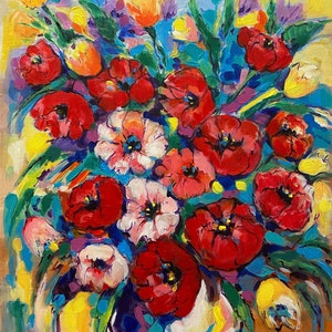 Poppies oil painting on canvas, Original floral art, Poppies wall art, 20x24&#39;, Big modern floral canvas, Flowers wall art