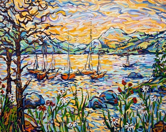 Canadian landscape Original oil Painting on canvas 30x40' Impressionistic Landscape original art Sunset on Lake painting Cottage wall art