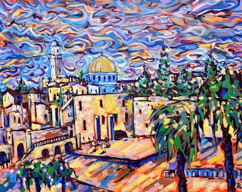 Jerusalem painting Cityscape Original Art Colorful modern wall art 18x24 Cityscape wall art Travel gift
