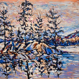 May include: A painting depicting a rocky island with trees situated in a lake. The sky is a soft pink and blue with white clouds. The water is a light blue with white highlights. The trees are dark green and brown. The rocks are brown, grey, and blue.