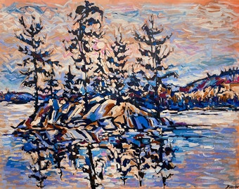 Original Lake Painting on Canvas: Impressionistic Sunset Art, 22x28