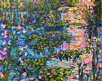 Water lily pond oil painting on canvas Original Art Impressionist landscape painting Large canvas artwork 30x40 Sunset on lake wall art