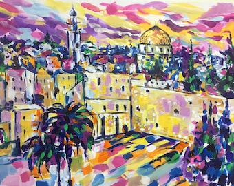 Jerusalem painting on canvas Original Art Jerusalem cityscape Bright colorful wall art Large modern canvas