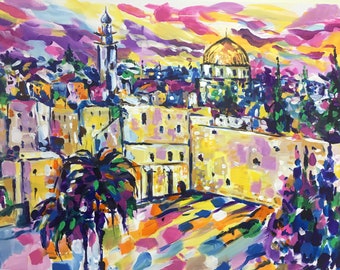 Jerusalem painting on canvas Original Art Jerusalem cityscape Bright colorful wall art Large modern canvas