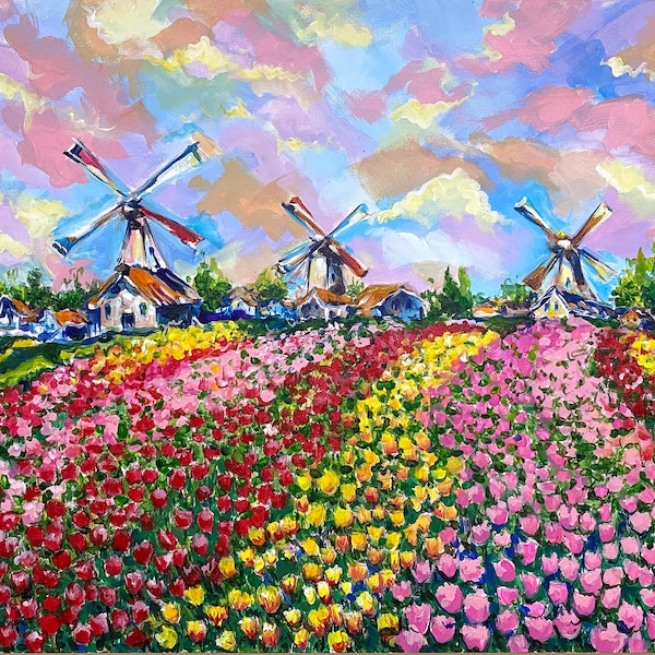 Peinture de champ de tulipes, art original de toile de paysage, peinture de Hollande, art original coloré, 20 x 24', art par DianaOrtiginalArt