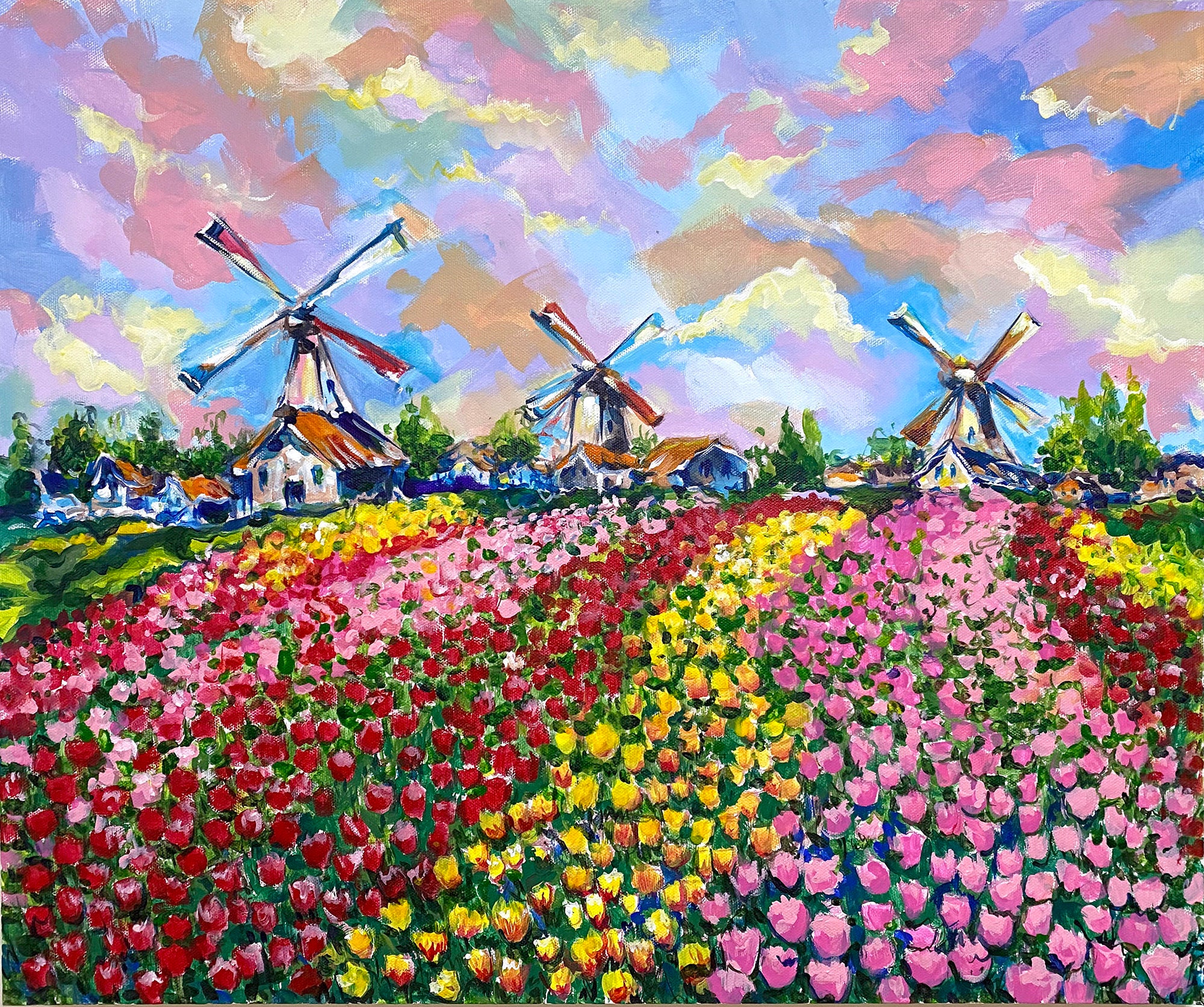 Tulip Field Painting: Holland Landscape, Colorful Acrylic Art