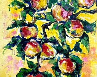 Apple tree painting, Apples painting, Original colorful art, Kitchen Wall Art, Fruit artwork, 16x20 canvas wall art